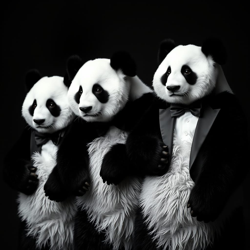 Photography negative pandas wearing tuxedos