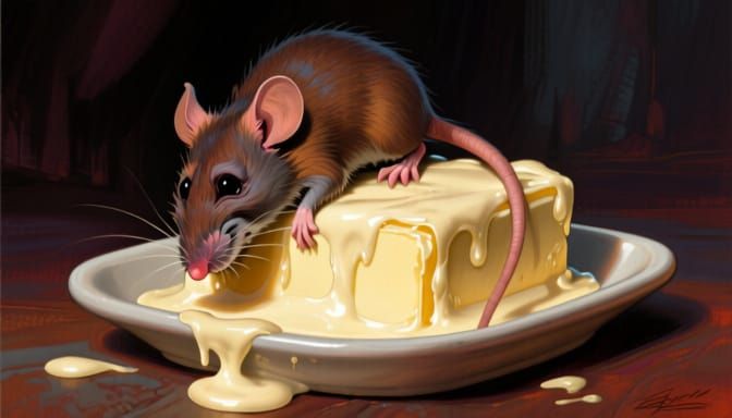 Mouse Stuck in Buttermilk on Butter Dish