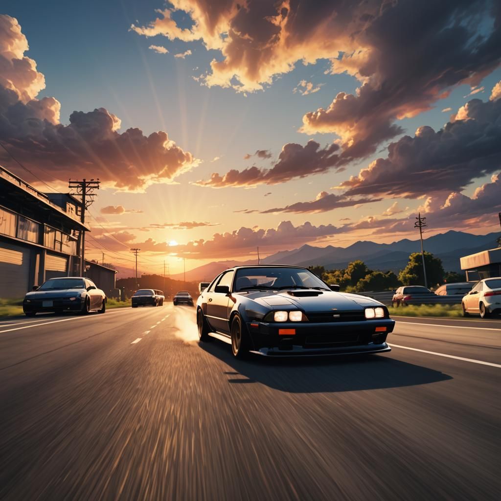 Anime Boy and Drift Car at Sunrise