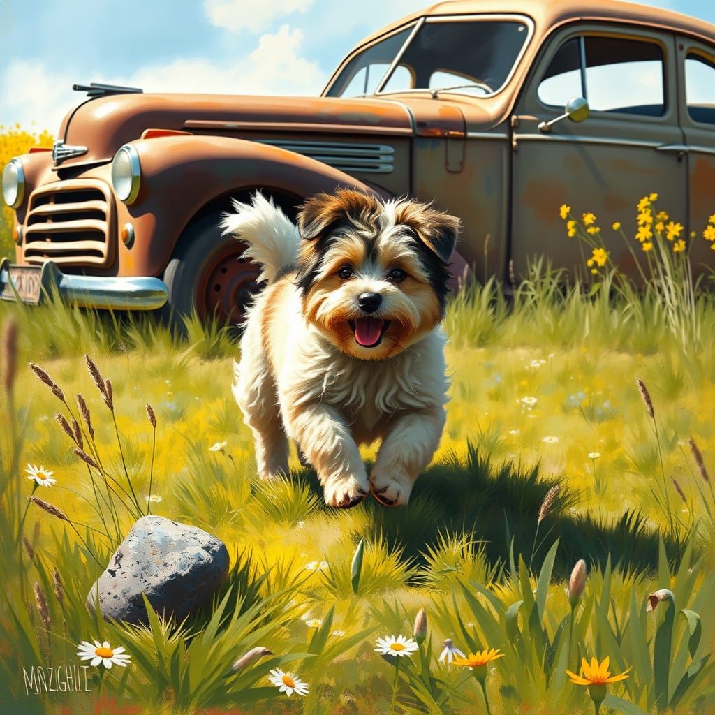 Joyful Mixed-Breed Dog Plays in Sunny Meadow with Vintage Ca...