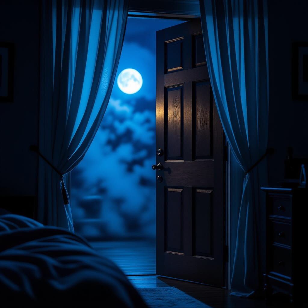 Cinematic Night Scene: Moonlight in a Dimly Lit Bedroom