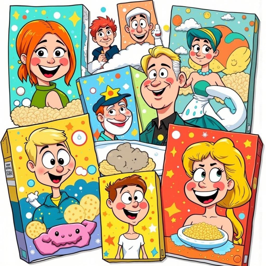 Cereal Mascot Collage: Vibrant Cartoon Illustration