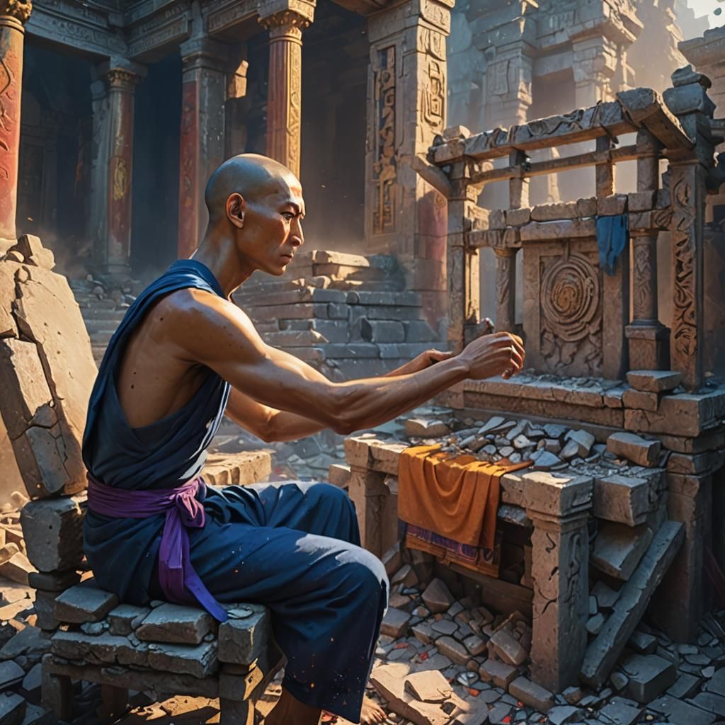 Monk in Ruined Temple: Hyperrealistic Concept Art