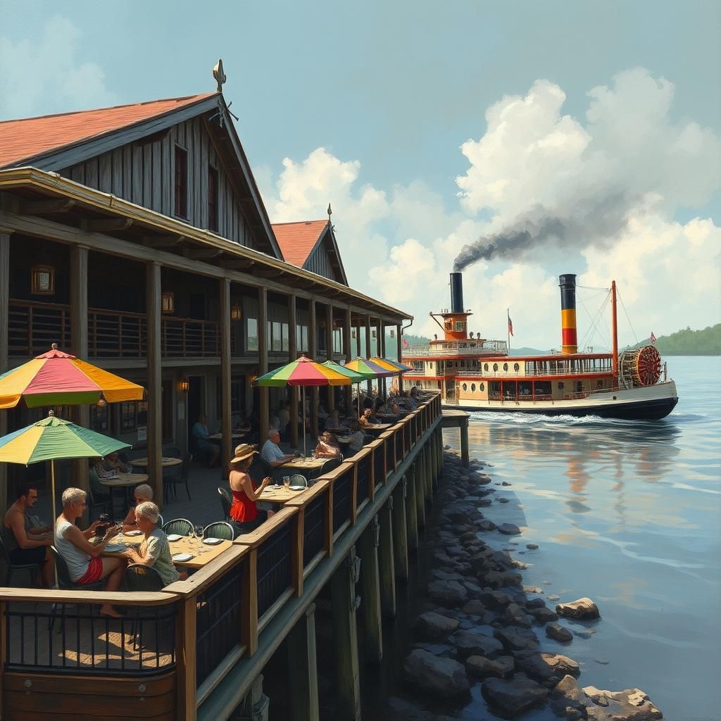 Riverside Restaurant with Steamboat in Mystical Realism Styl...