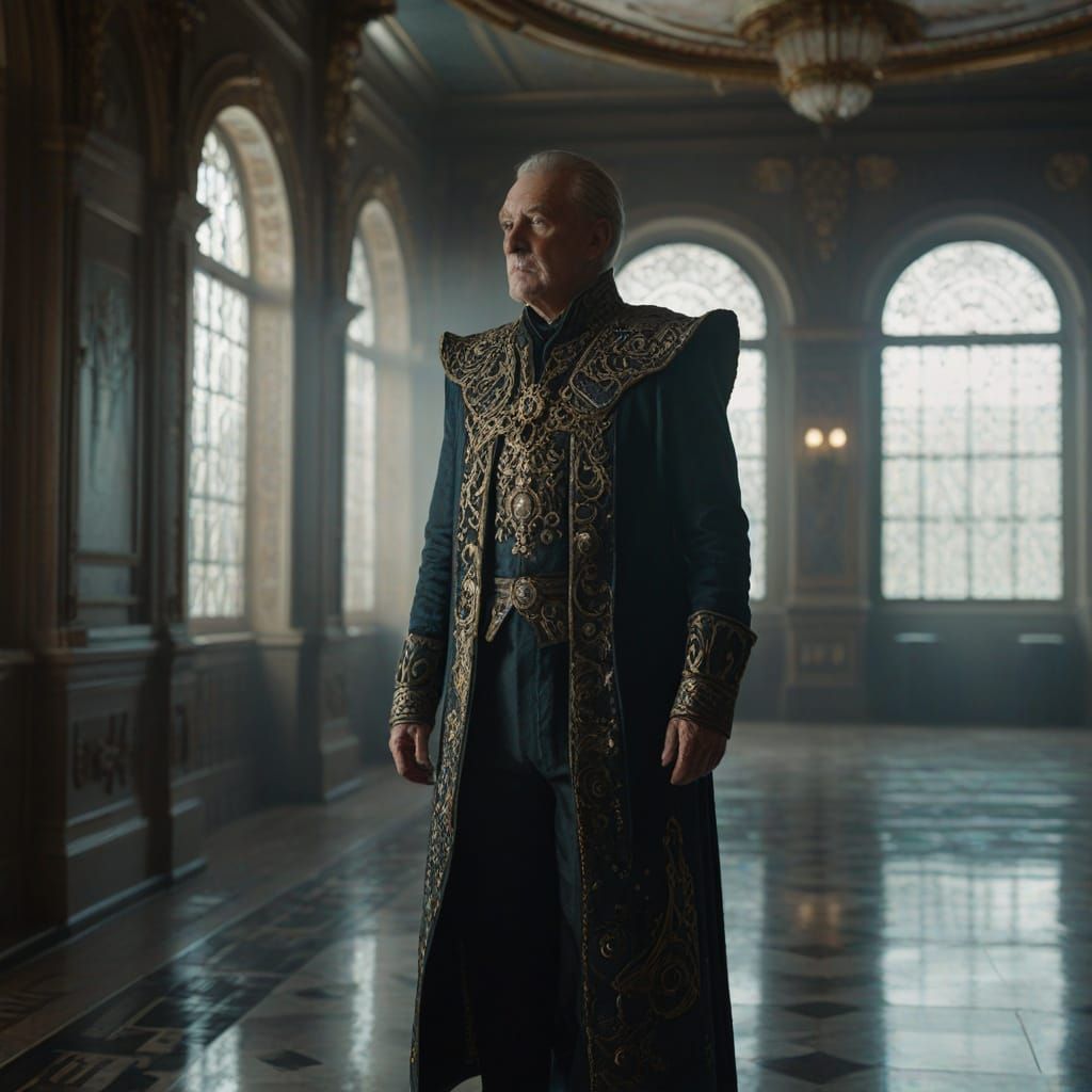 Older Man in Ornate Sci-Fi Clothing in Hallway