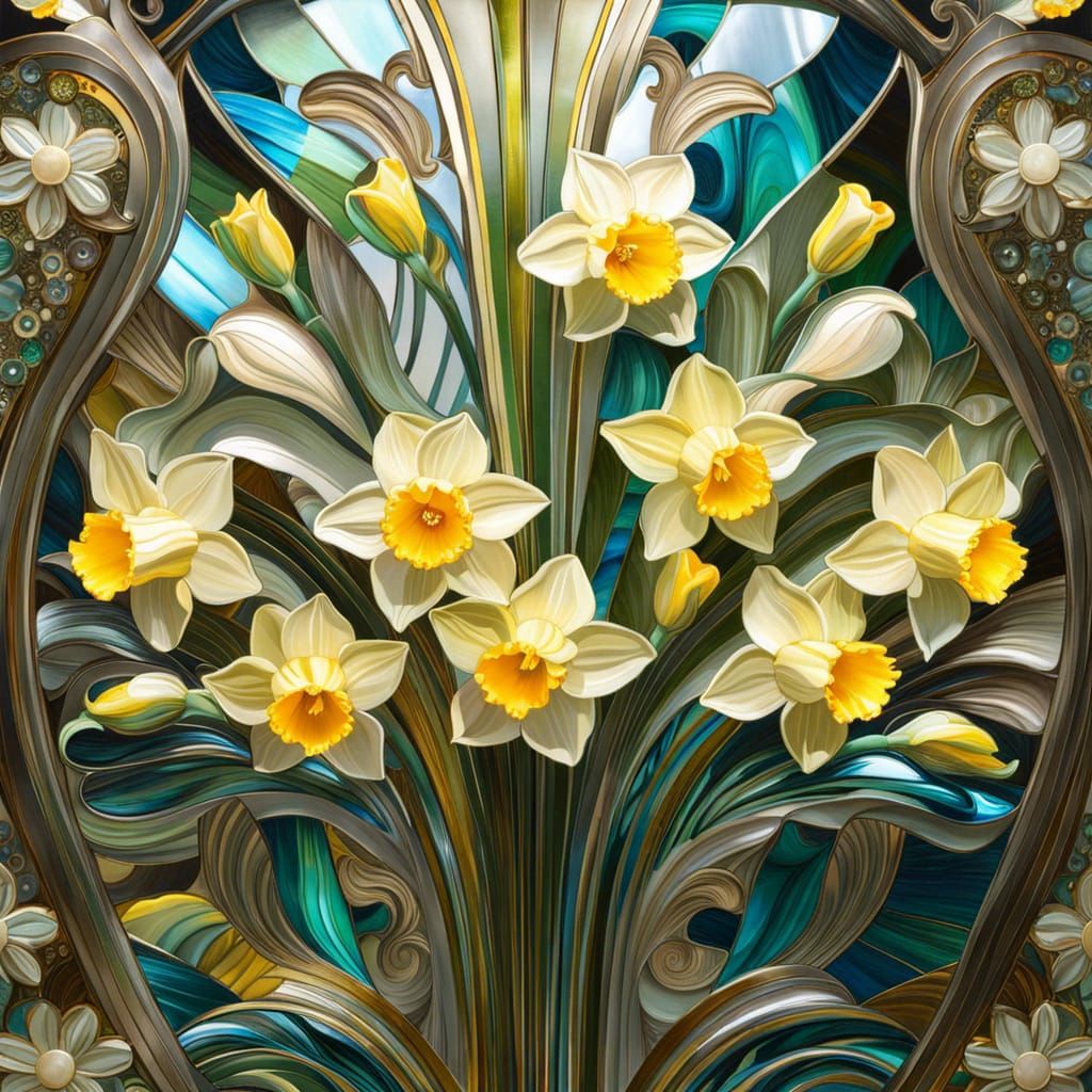 Daffodils in Art Nouveau Glass Painting