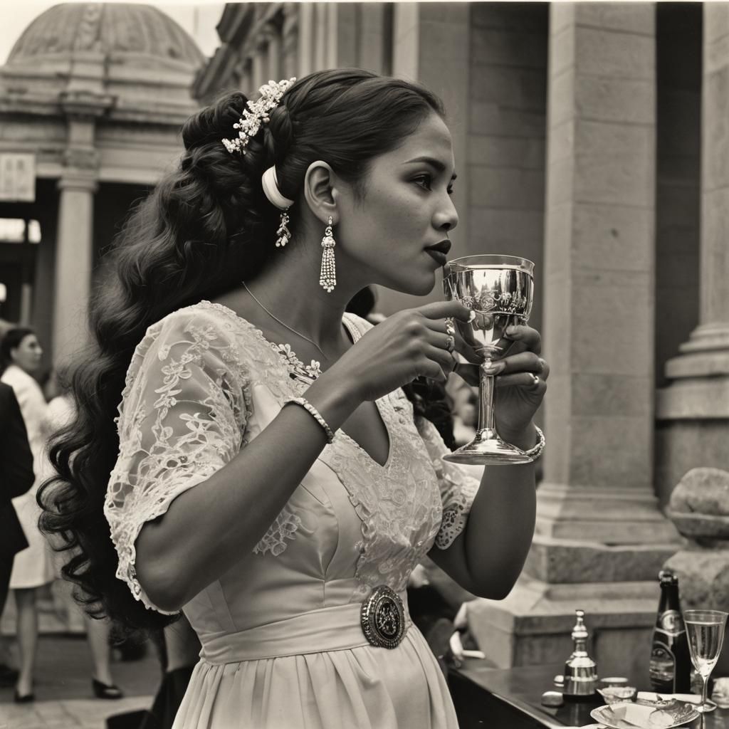 Woman with Champagne on Capitol Roof: Cinematic Still