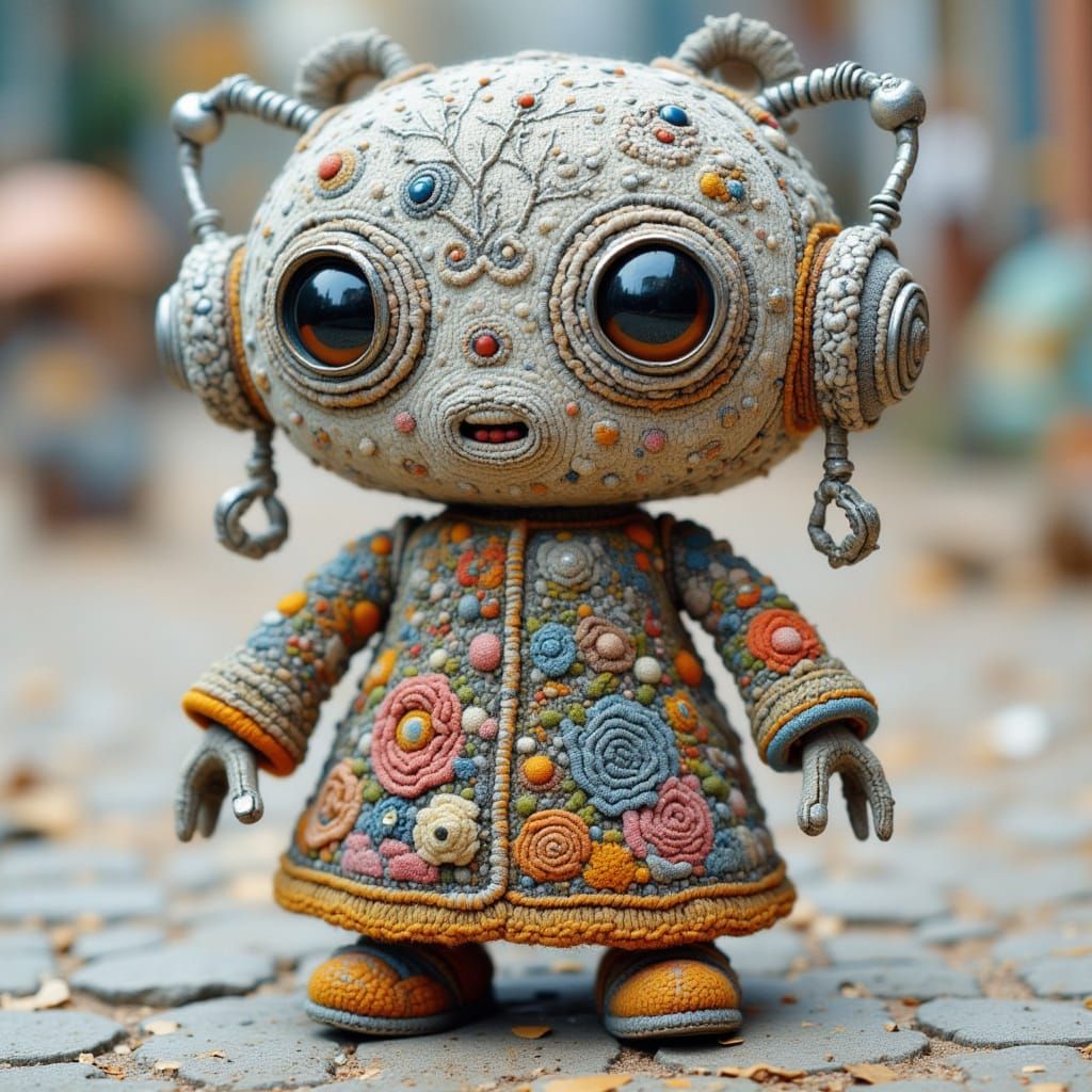 Cute Patchwork Robot with Silver Metal Details