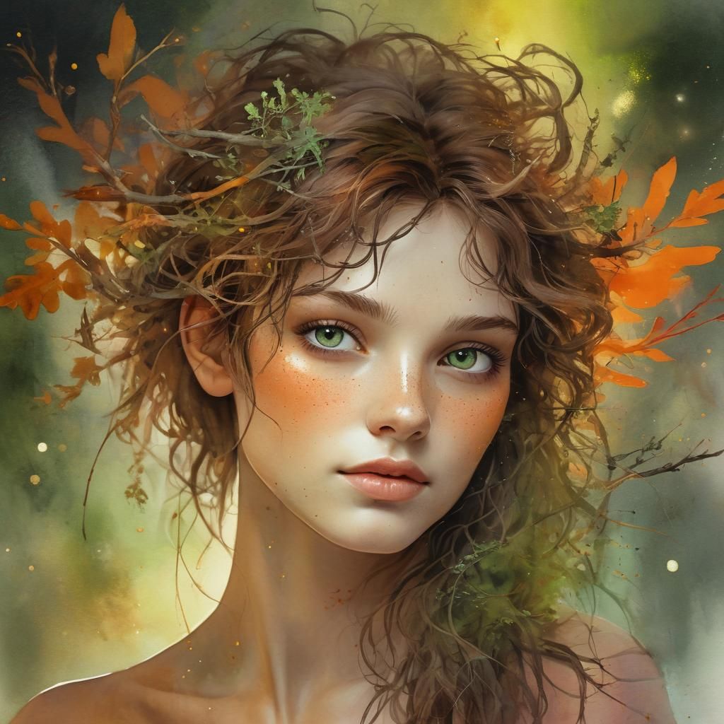 Ethereal Woman with Autumn Foliage, Watercolor and Ink