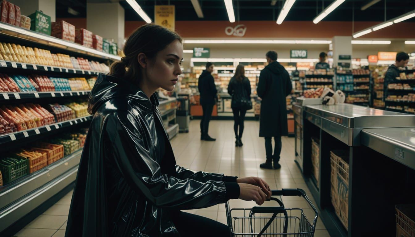 Chrome Latex Woman in Supermarket Checkout Line