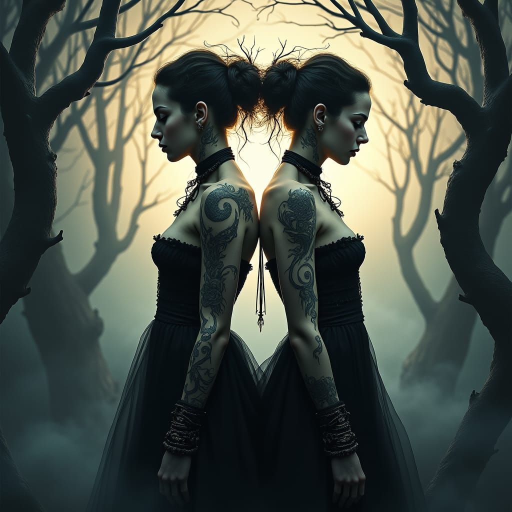 Mystical Twins Embodying Yin and Yang in Eerie Harmony