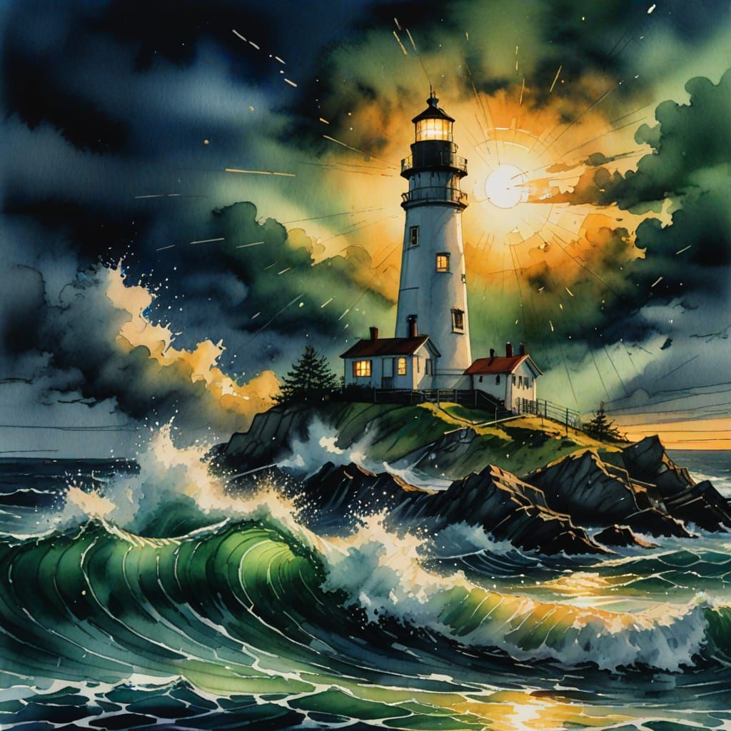 Lighthouse Shines on Stormy Night: Watercolor Art