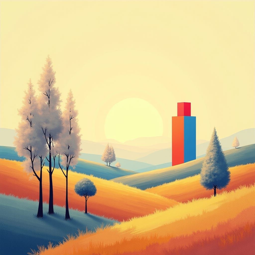 Vibrant Landscape with Geometric Shape in Modern Impressioni...