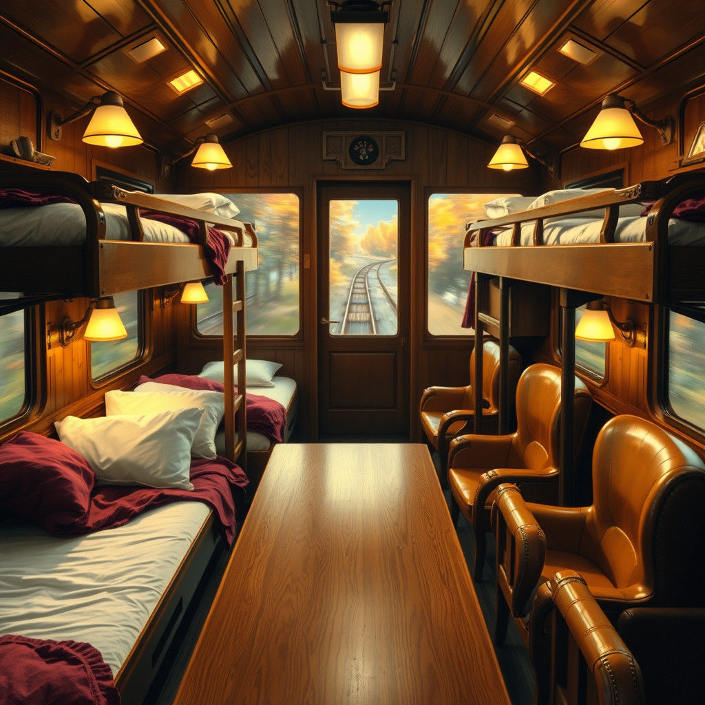 Cozy Train Interior in Rockwell and Monet Style