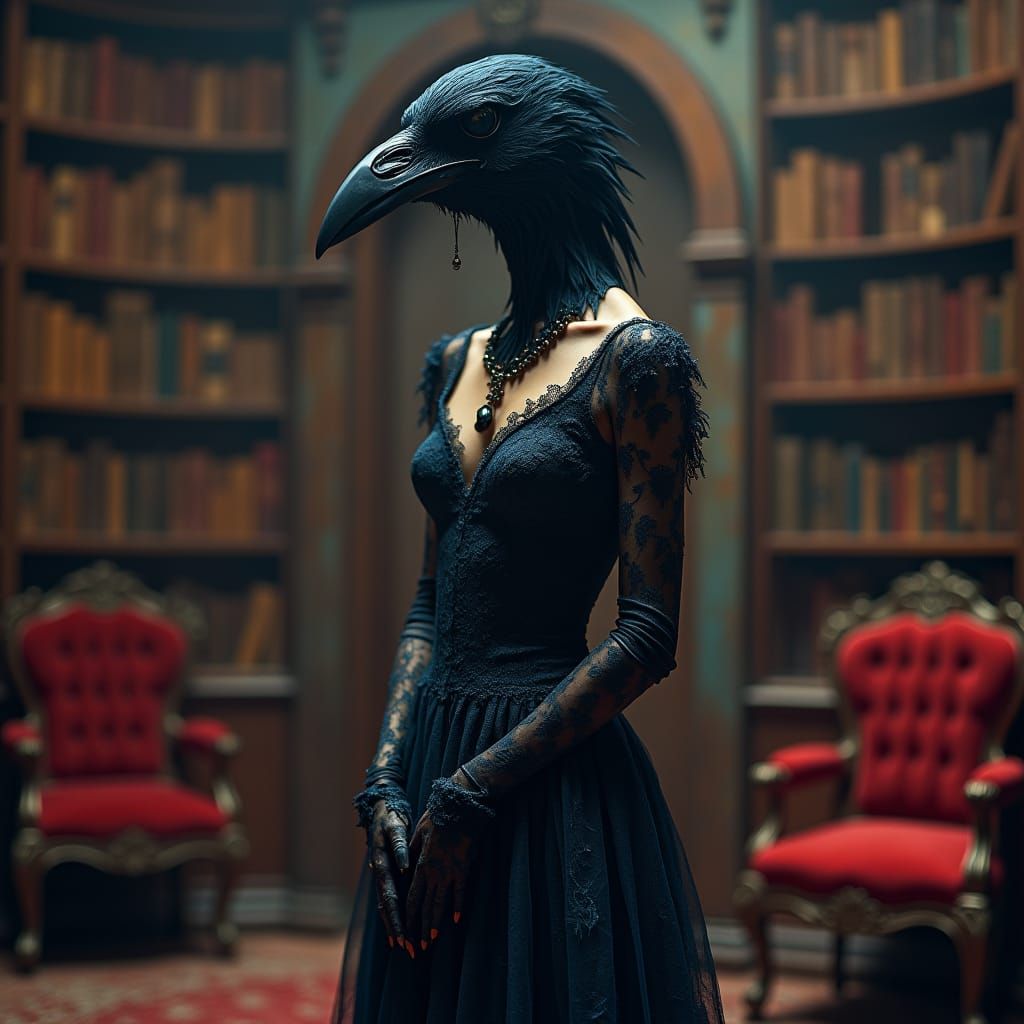 Gothic Raven Woman in Mansion Library