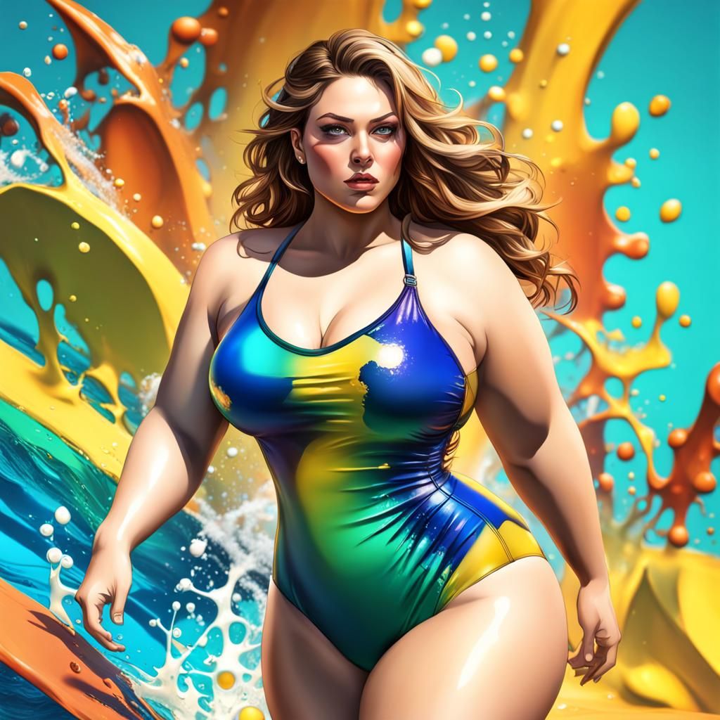 Hyperrealistic Splash Art of a Curvy Swimsuit Model