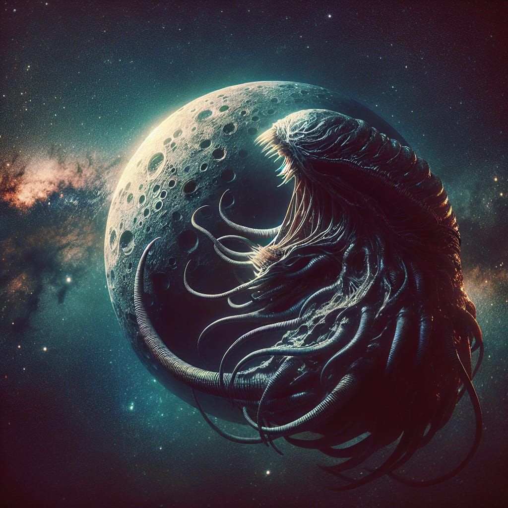 A colossal, menacing cosmic creature with a dark, writhing f...