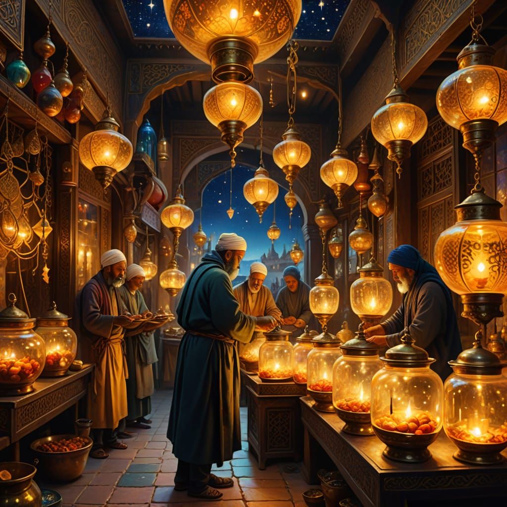 Oriental Bazaar Weighs Stars: Surrealist Oil Painting