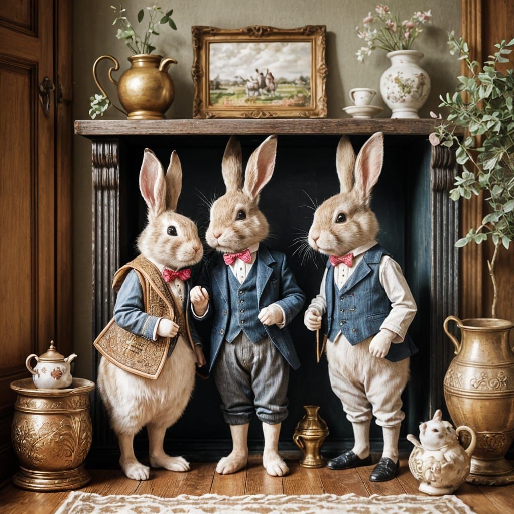 Victorian Rabbits in Whimsical Watercolour