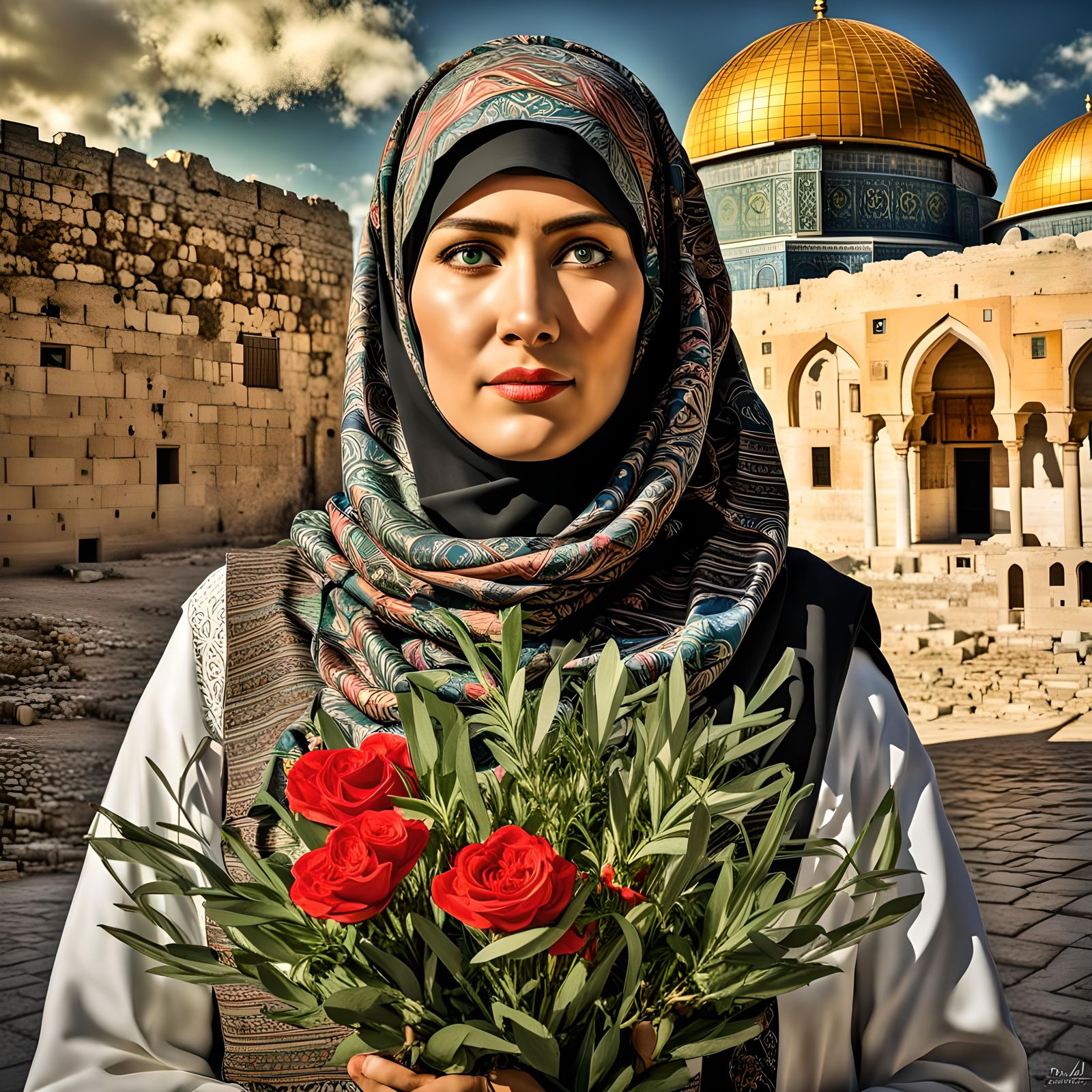 Mother Palestine with Olive Branches, Digital Matte Painting