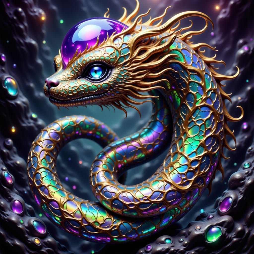 Opal Serpent with Gold Filigree and Tourmaline Gemstone