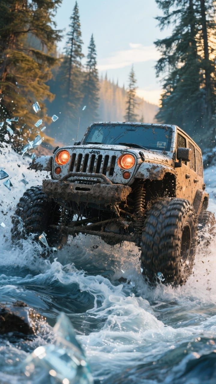 Jeep Conquers River: Hyper-realistic Cinematic Masterpiece