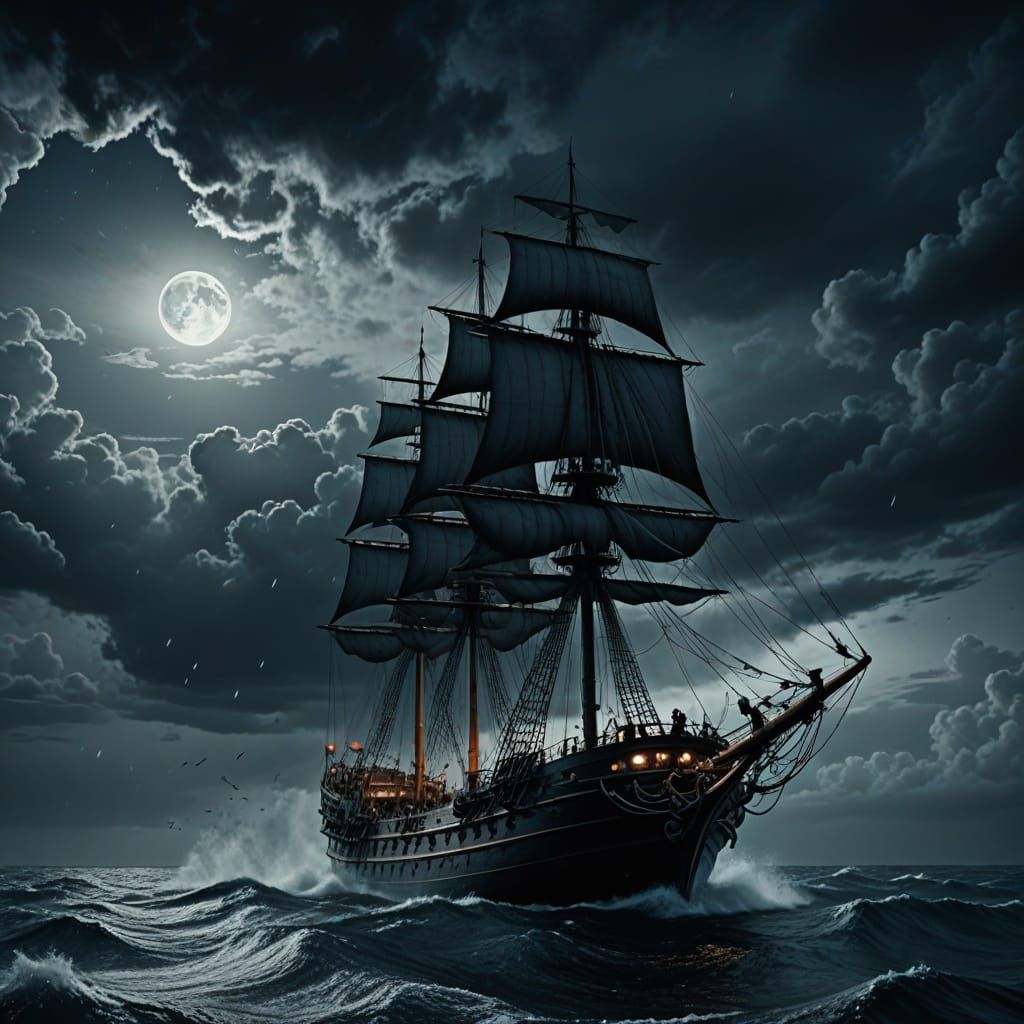 Giant Squid Attacks Tall Ship in Moody Cinematic Style