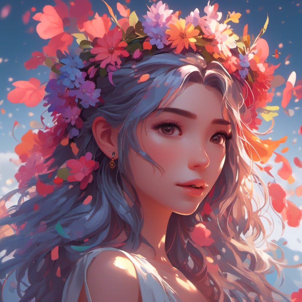 Anime Girl with Flower Crown Portrait