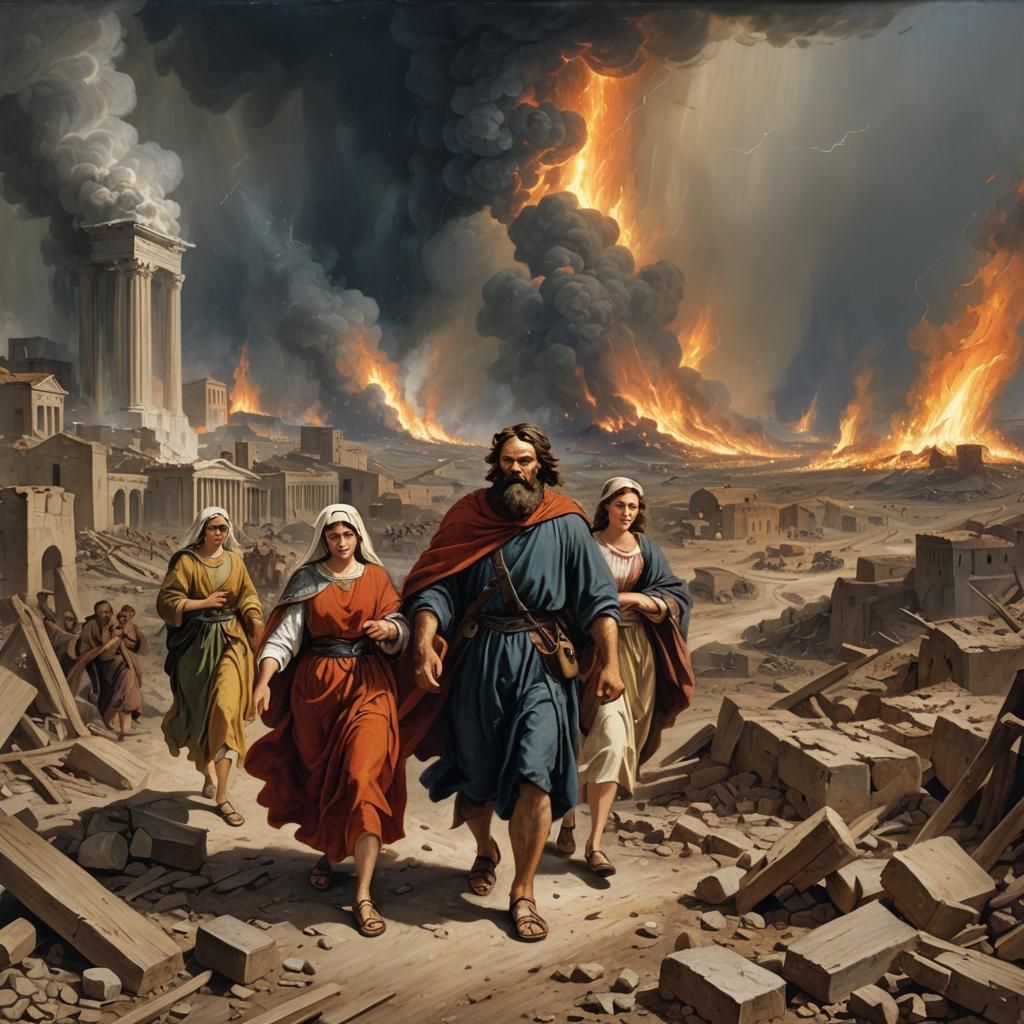 The destruction of Sodom by raining fire upon the city, a bearded man and his two daughters flee away from the city, his...