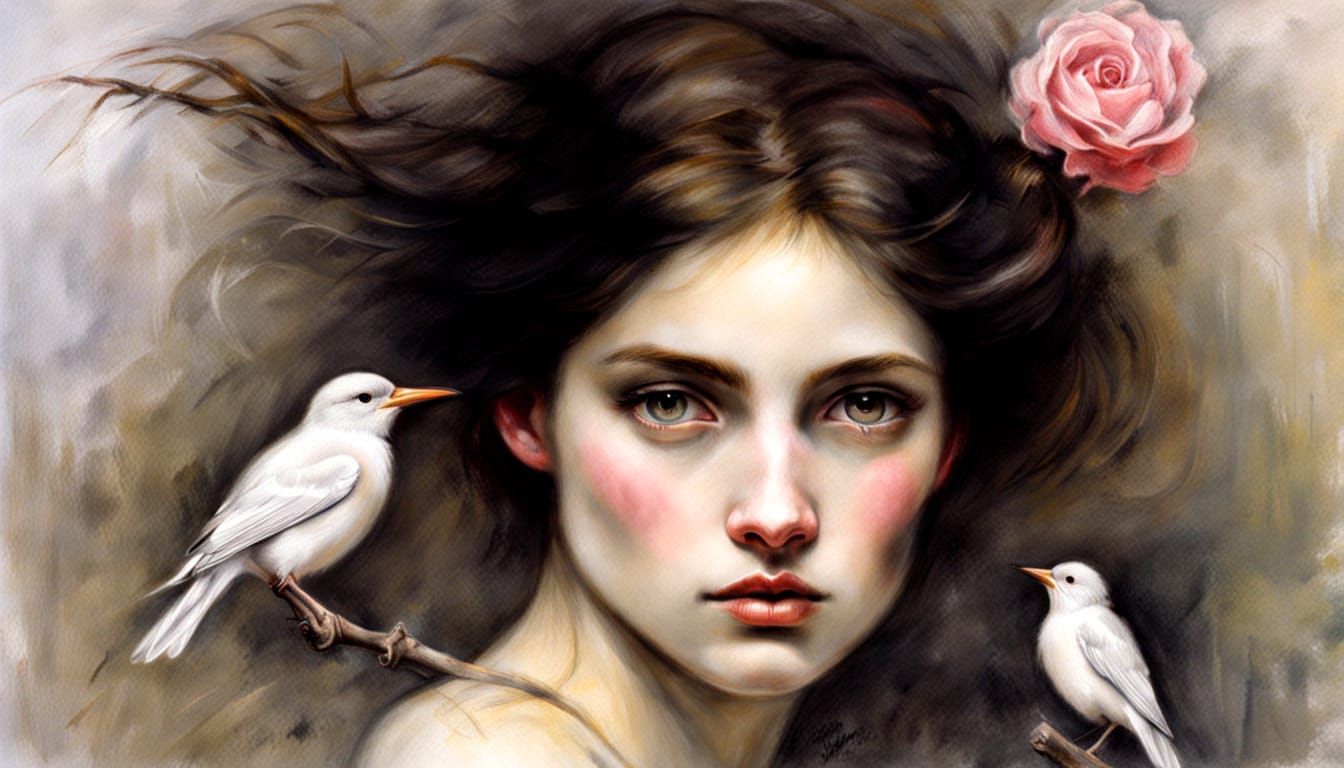 Ethereal Woman with Bird in Pre-Raphaelite Style