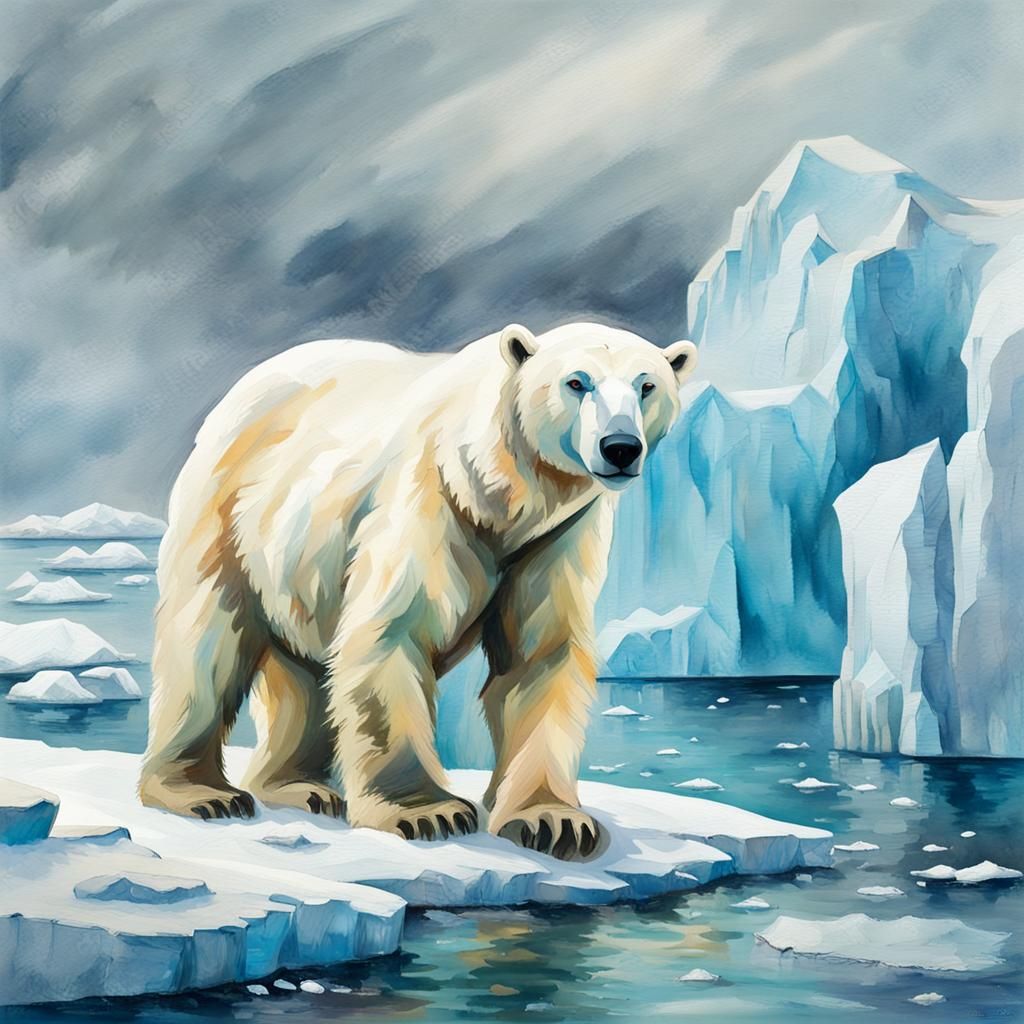 Polar Bear in Arctic, Gouache Watercolor Painting