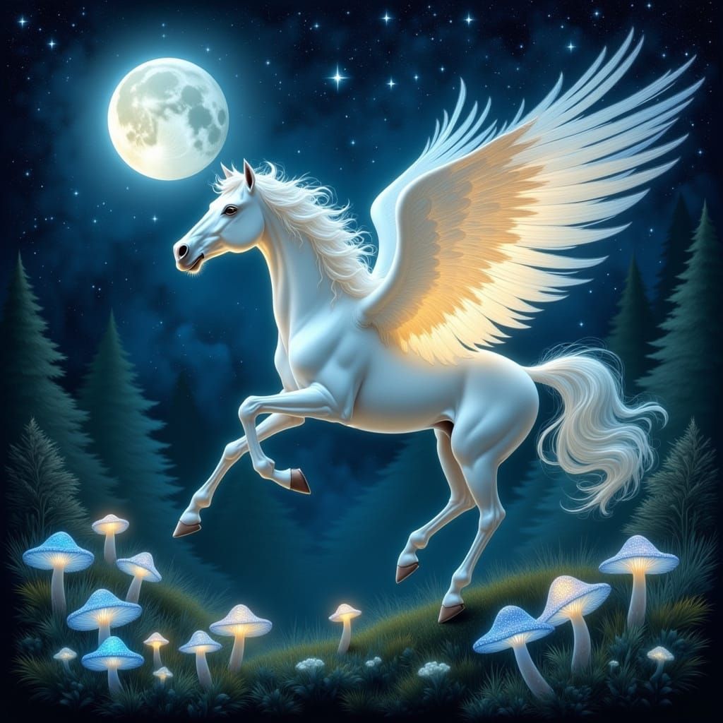 Mystical Pegasus Soars Under Starlight