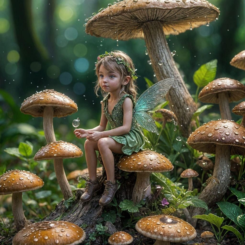 Fairy on Mushroom: Hyperrealistic Macro Photography