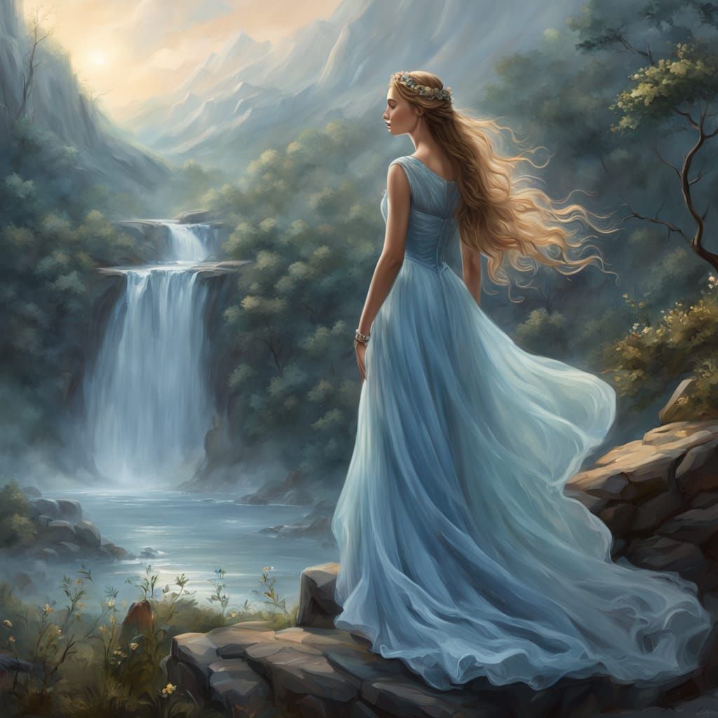 Ethereal Woman with Floral Crown by Waterfall