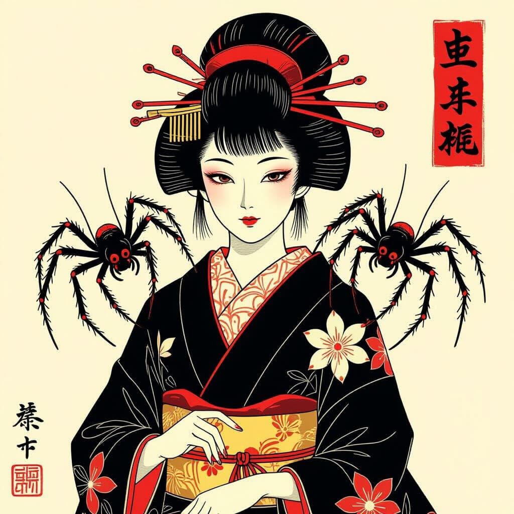 Spider Yokai Woman in Traditional Japanese Ukiyo-e Style