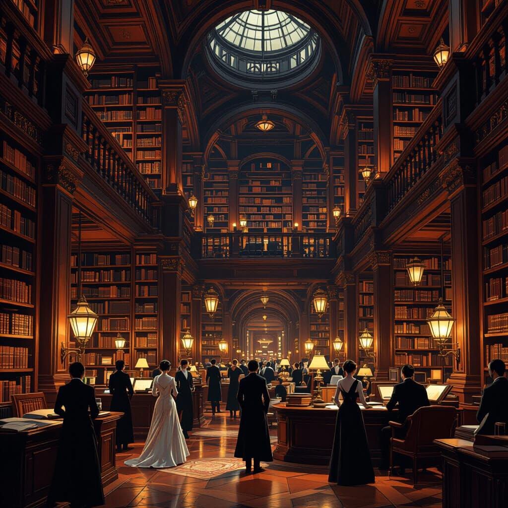 Grand Library with Patrons in Elegant Attire, Warm Lantern L...