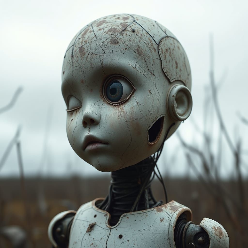 Eerie Doll-Robot with Googly Eye in Cyberpunk Wasteland