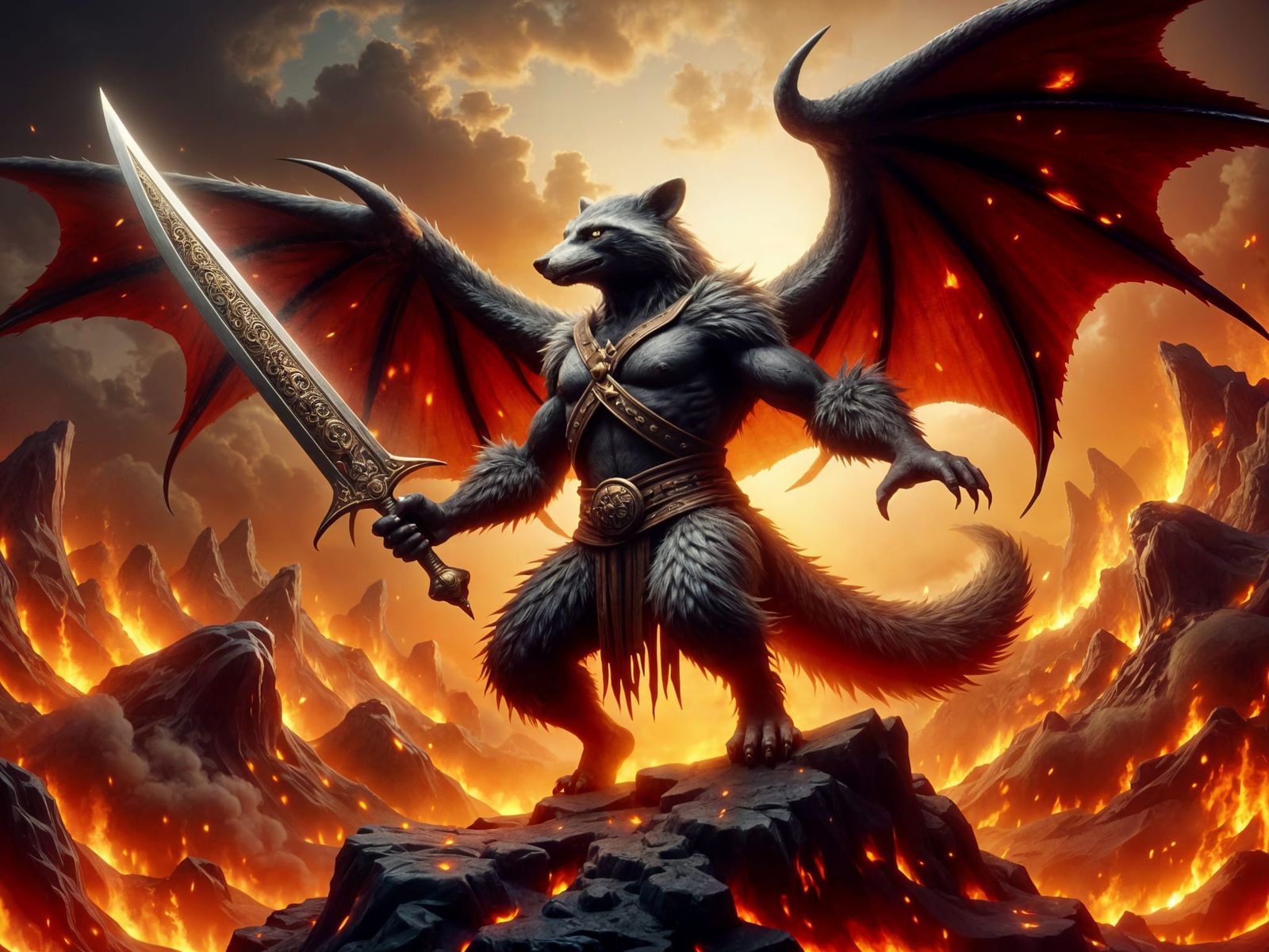 Fantasy Raccoon Dragon Beastman in Battle Stance