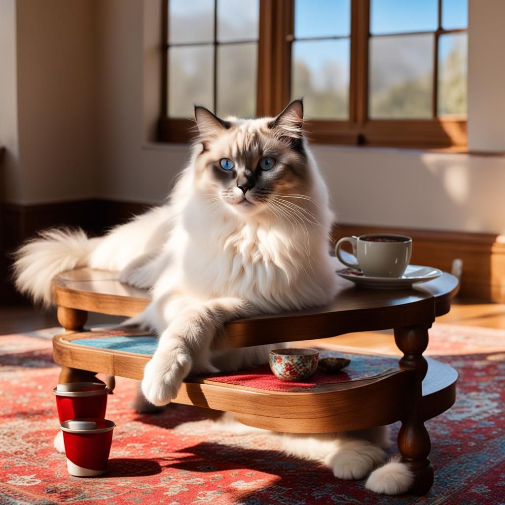 Ragdoll Cat Enjoys Cocoa in Castle Sunlight