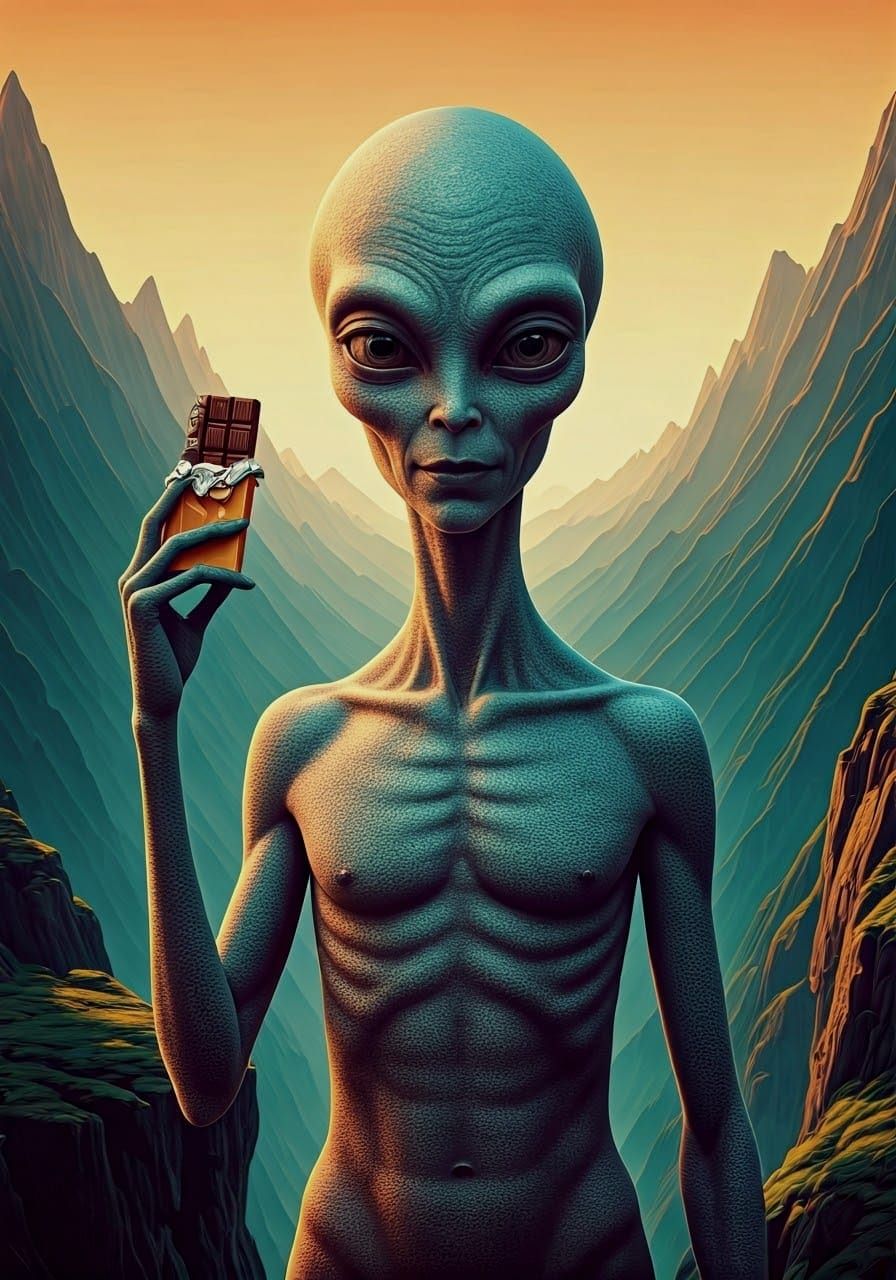 Grey Alien Offers Chocolate in Vintage Pointillism Art