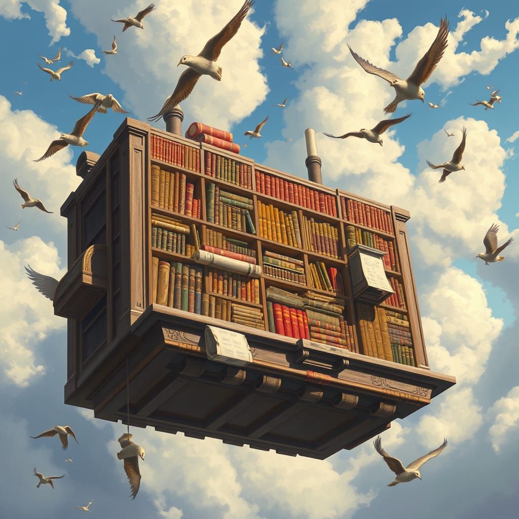 Floating Library in Whimsical Dreamscapes