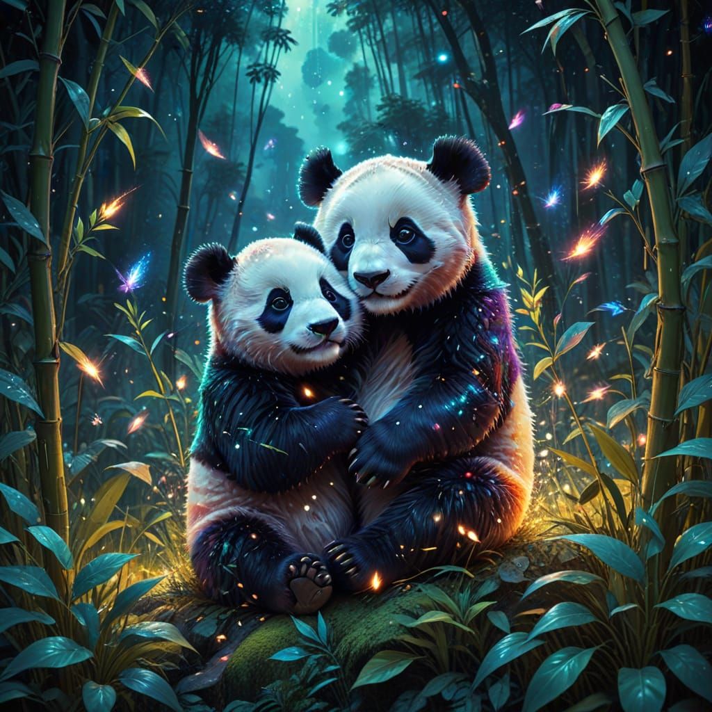 Magical Bébé Panda Scene Under Starry Night Sky with Glowing...