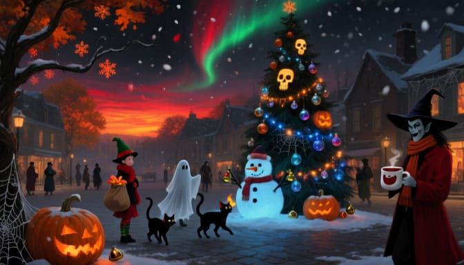 Autumn Winter Twilight Town Square in Dark Fantasy Style