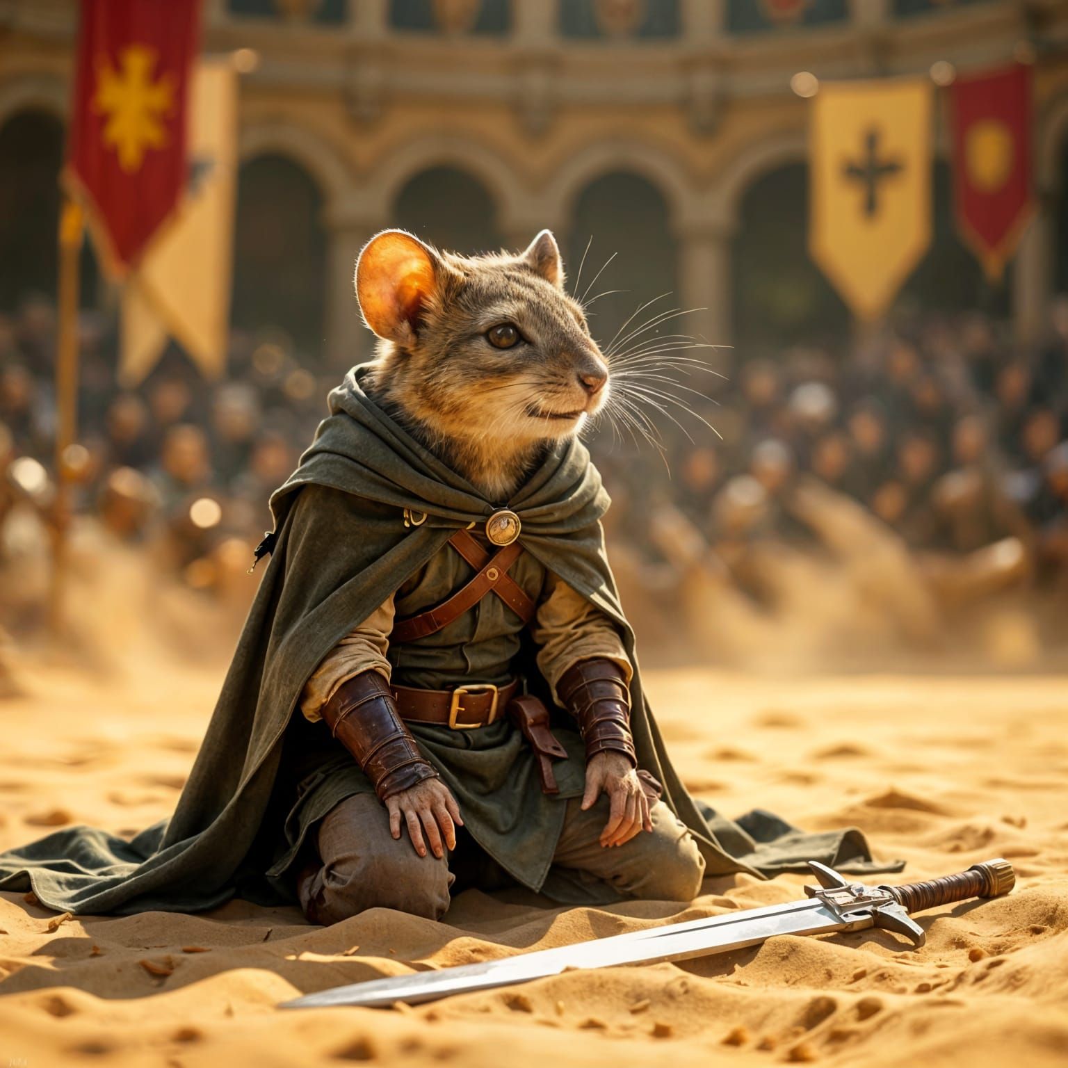 Wounded Mouse Warrior Victorious in Ancient Arena