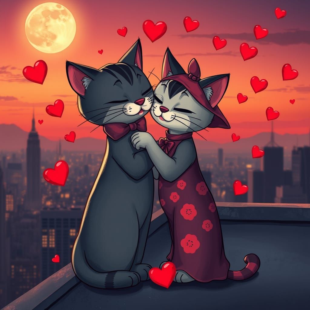 Romantic Moonlit Rooftop Scene with Two Adorned Cartoon Cats