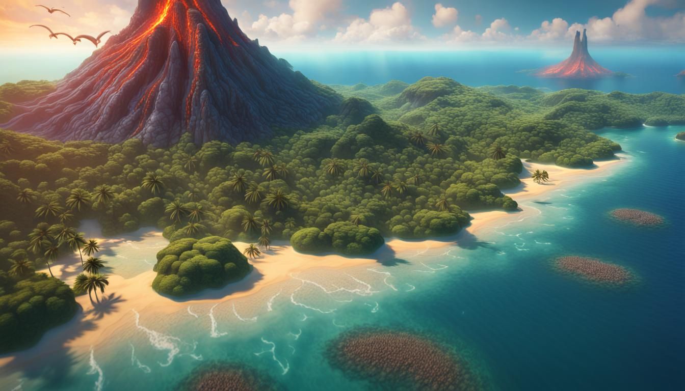 Volcanic Turtle Island with Sky Mermaids in Fantasy Art