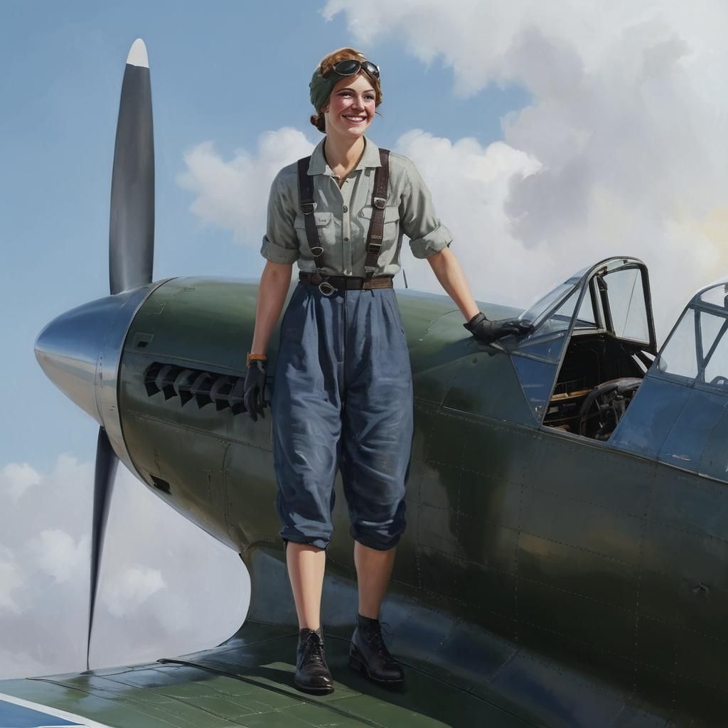Smiling Aviatrix in Vintage Oil Painting