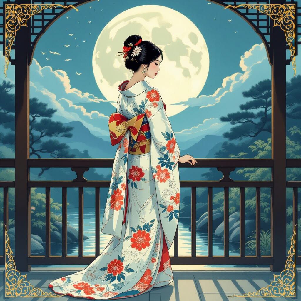 Elegant Asian Woman in Embroidered Kimono Overlooking Moonli...