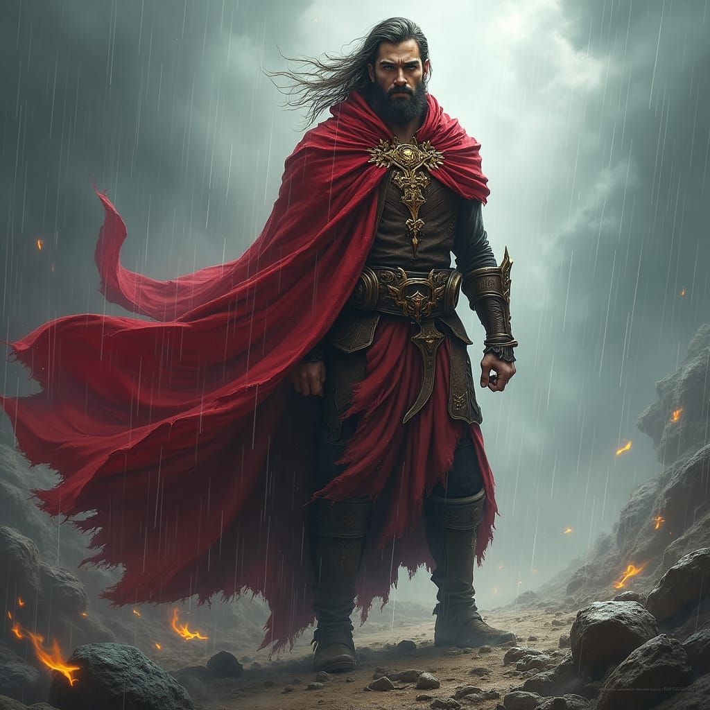 Crimson Cloaked Figure in Apocalyptic Landscape Art