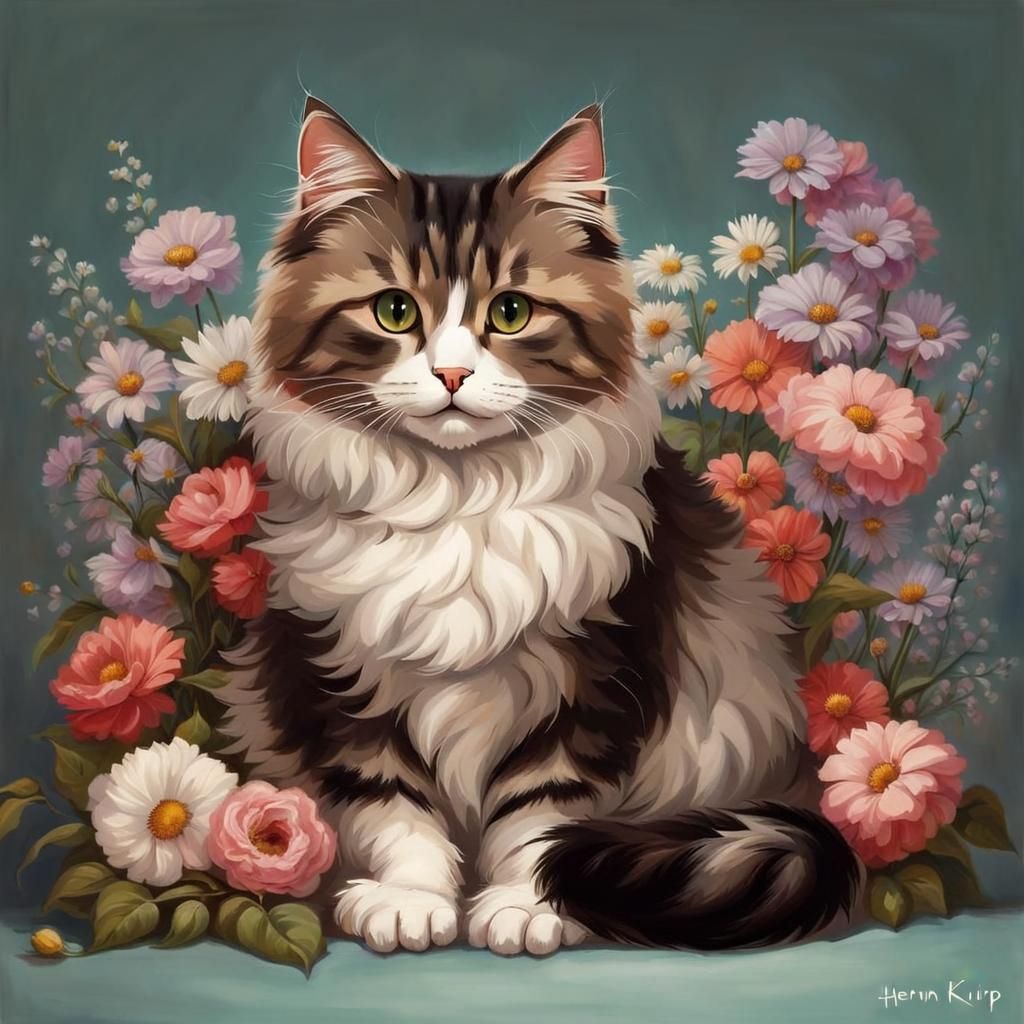 Ragamuffin Cat in Floral Setting, Ronner-Knip Style